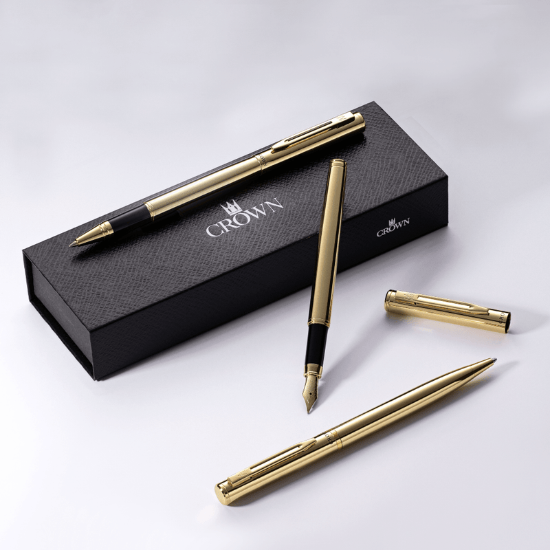 Kit Premium Crown Capricci Dourado | Esferográfica, Roller e Tinteiro
