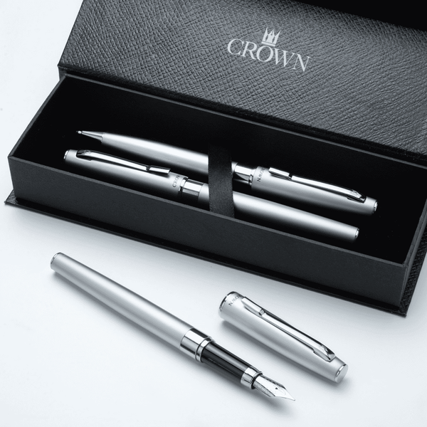 Kit Premium Crown Barcelona Esferográfica Roller e Tinteiro Prata