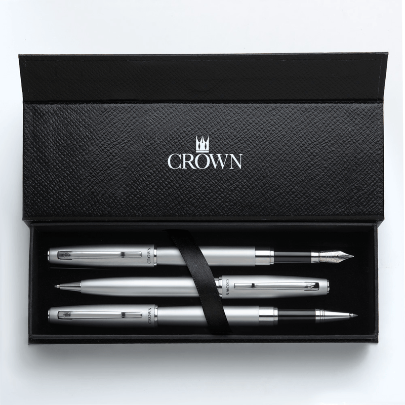 Kit Premium Crown Barcelona Esferográfica Roller e Tinteiro Prata
