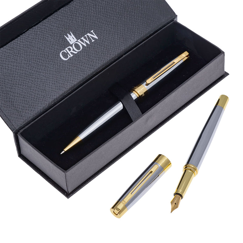 Conjunto Caneta Crown Personalizada Metal President Esferografica e Tinteiro Prata