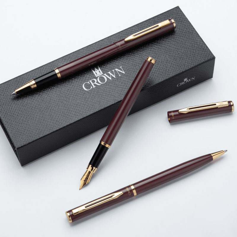 Kit Premium Crown Capricci Bordo | Esferográfica, Roller e Tinteiro