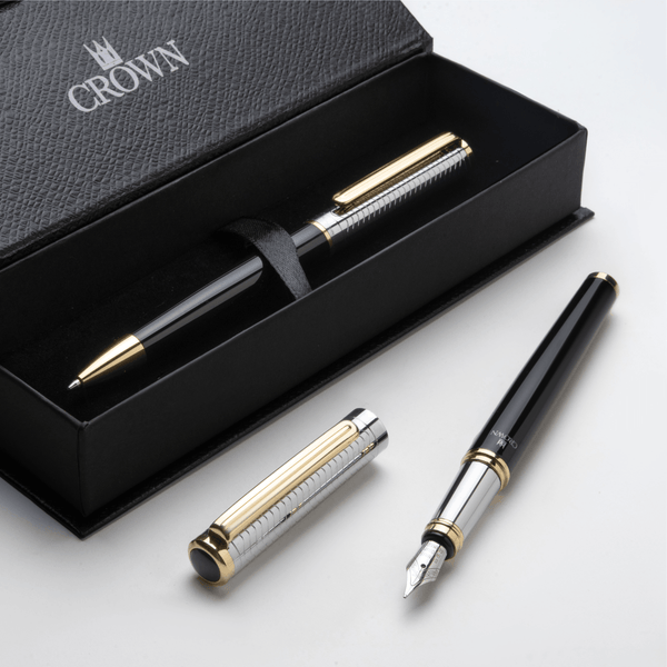 Conjunto Caneta Crown Personalizada Metal Regent Esferografica e Tinteiro Preta e Prata