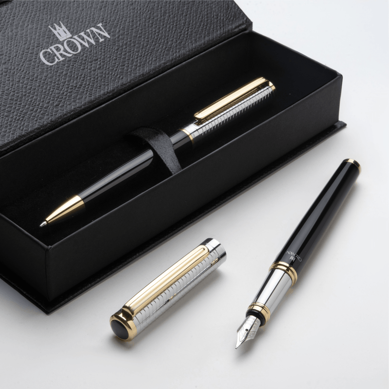 Conjunto Caneta Crown Personalizada Metal Regent Esferografica e Tinteiro Preta e Prata