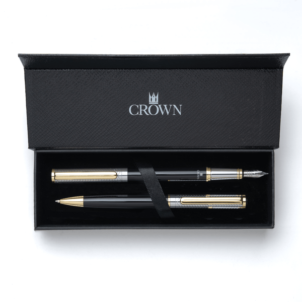 Conjunto Caneta Crown Personalizada Metal Regent Esferografica e Tinteiro Preta e Prata