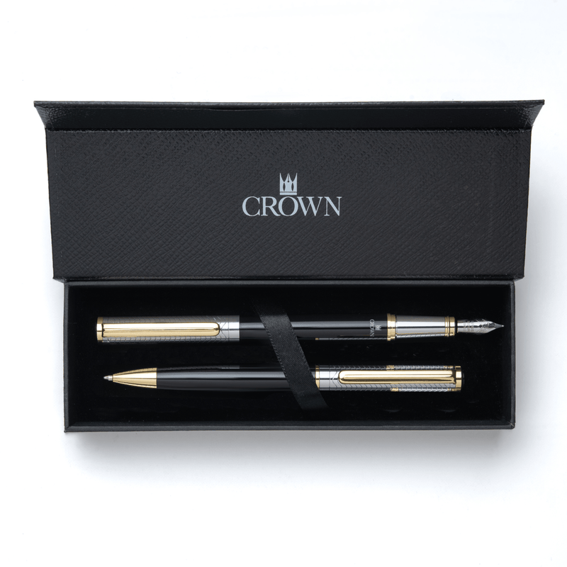 Conjunto Caneta Crown Personalizada Metal Regent Esferografica e Tinteiro Preta e Prata
