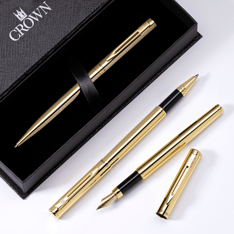 Kit Premium Crown Capricci Dourado | Esferográfica, Roller e Tinteiro