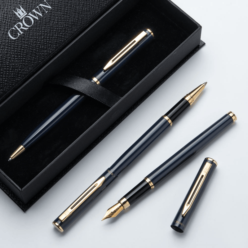 Kit Premium Crown Capricci Azul | Esferográfica, Roller e Tinteiro