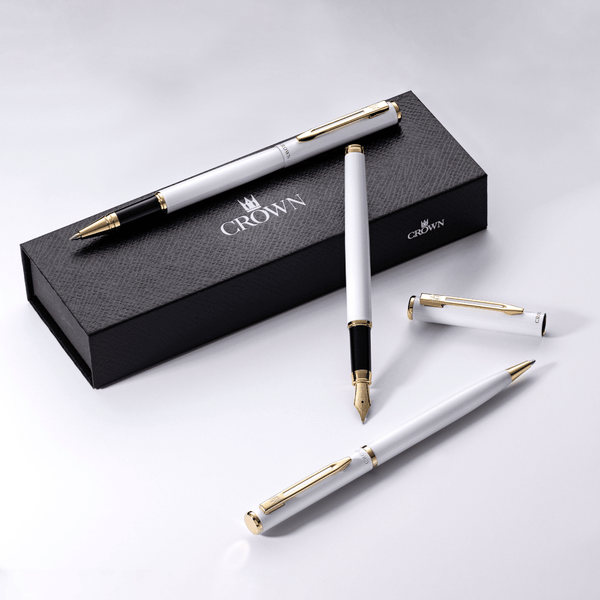 Kit Premium Crown Capricci Branco | Esferográfica, Roller e Tinteiro