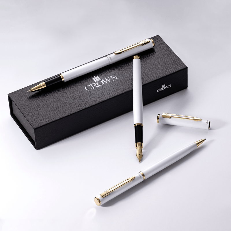 Kit Premium Crown Capricci Branco | Esferográfica, Roller e Tinteiro