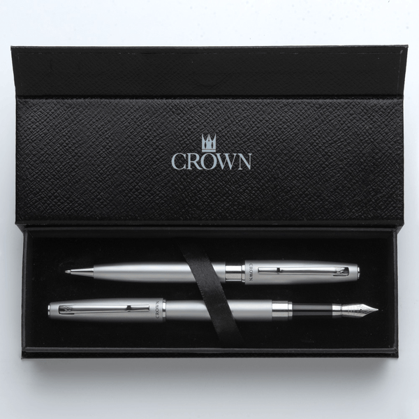 Conjunto Caneta Crown Personalizada Metal Barcelona Esferografica e Tinteiro Prata