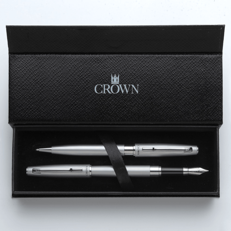 Conjunto Caneta Crown Personalizada Metal Barcelona Esferografica e Tinteiro Prata