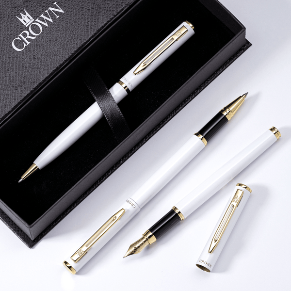 Kit Premium Crown Capricci Branco | Esferográfica, Roller e Tinteiro