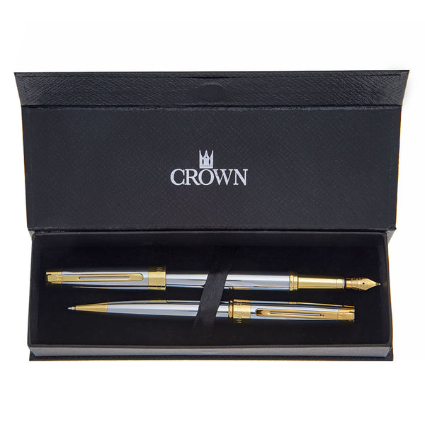 Conjunto Caneta Crown Personalizada Metal President Esferografica e Tinteiro Prata