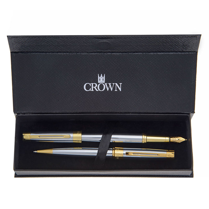 Conjunto Caneta Crown Personalizada Metal President Esferografica e Tinteiro Prata