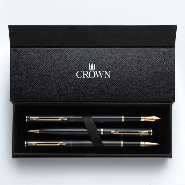 Kit Premium Crown Capricci Preto | Esferográfica, Roller e Tinteiro