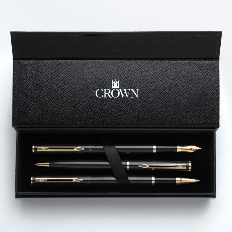 Kit Premium Crown Capricci Preto | Esferográfica, Roller e Tinteiro